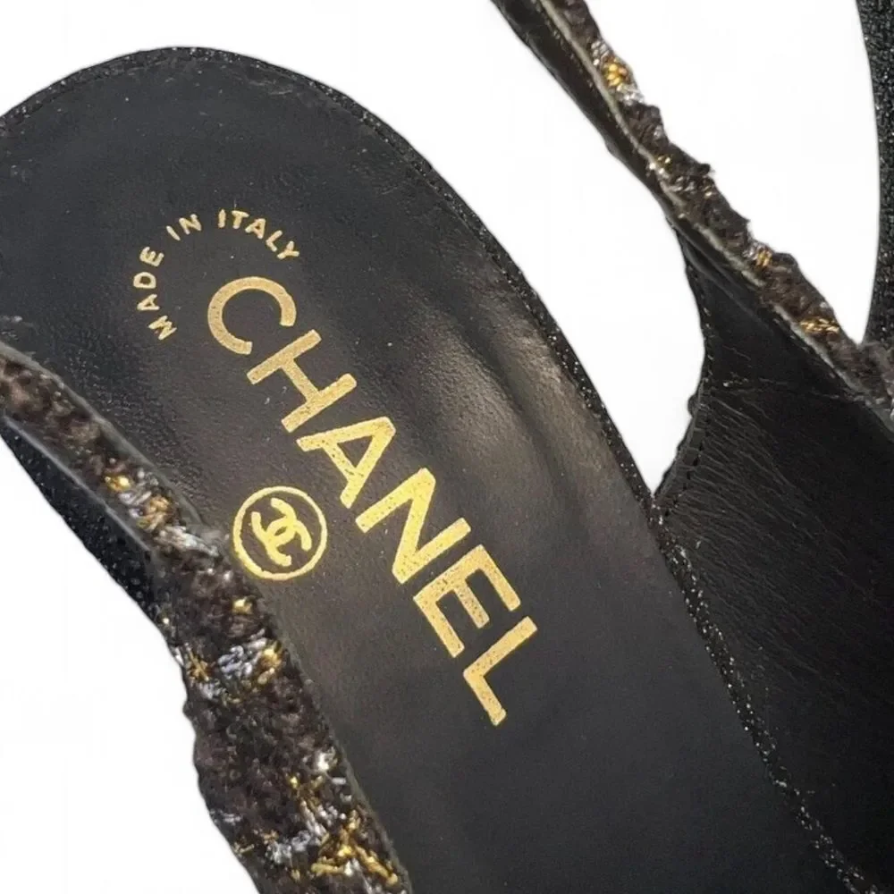 Authentic CHANEL Black CC Logo Cap Toe Block Heel Slingback Sandals Size…